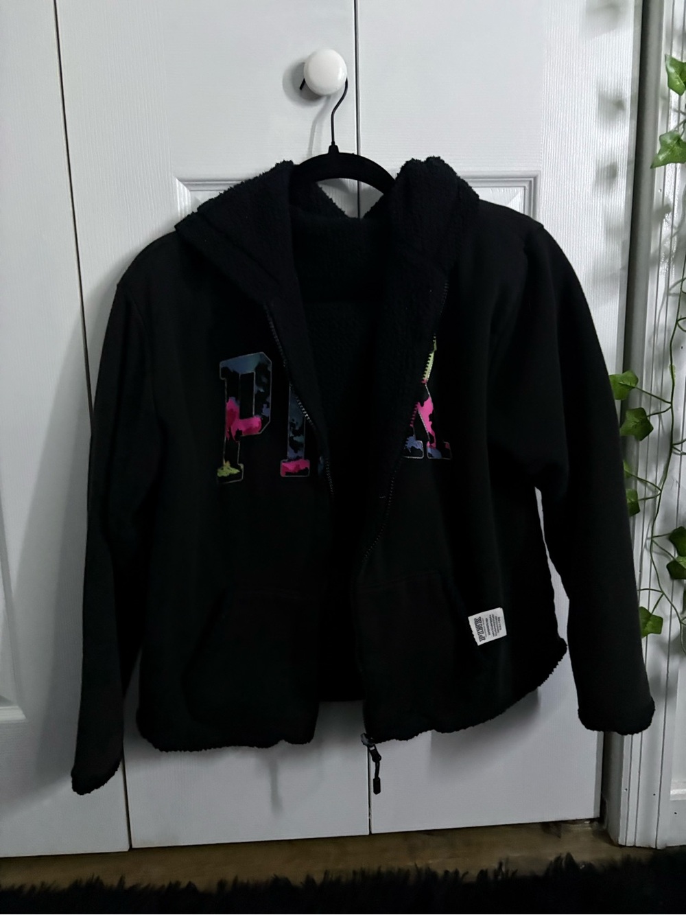 PINK Victoria's Secret Black Sherpa-Lined Zip Hoodie with Colorful Logo